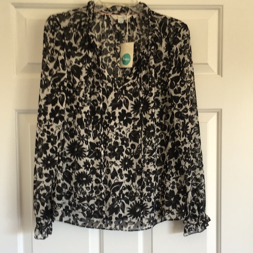 NWT Boden sheer black and white graphic floral blouse M